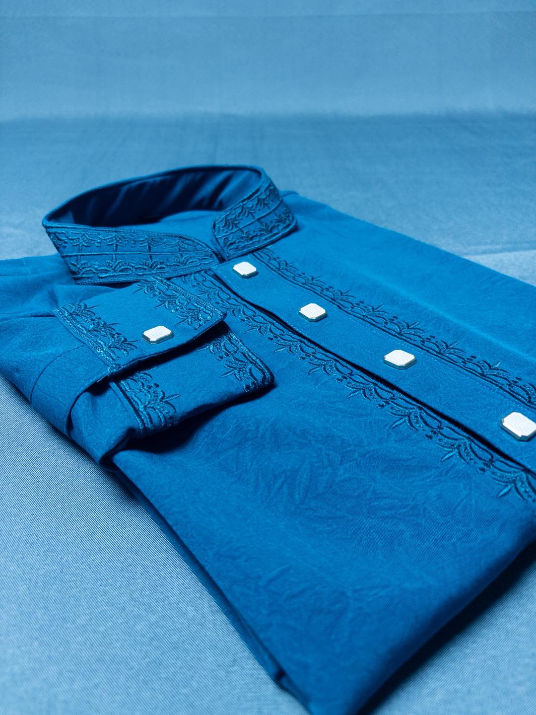 Elegant Teal Blue China Vangchur Stice Fabric Panjabi