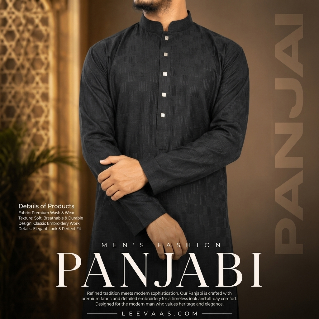 Elegance Black China Popcorn Fabric Panjabi